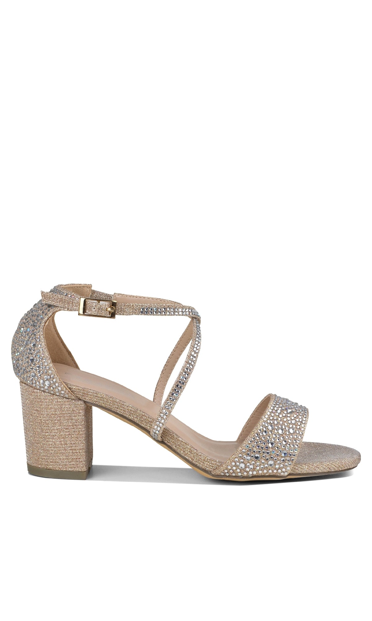 The Ines Champagne Prom Shoes (Paradox London P2212) feature a gold 2-inch block heel, ankle strap, open toe, and sparkling rhinestones on the straps and heel—an ideal shimmering choice for prom.